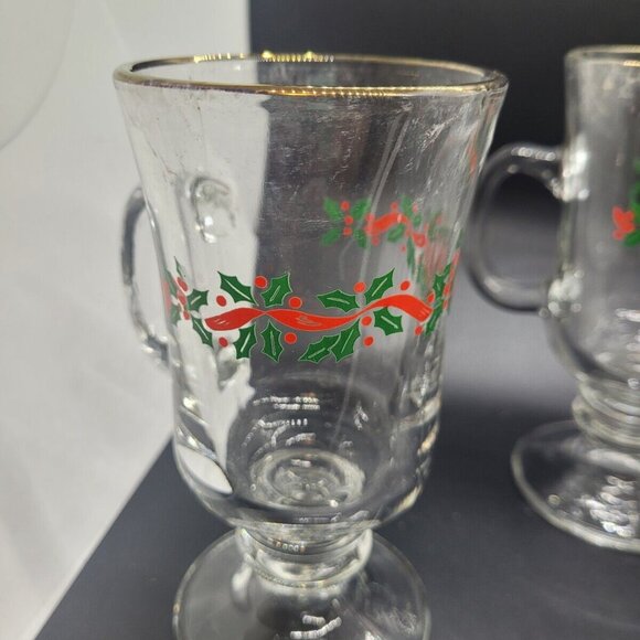 VTG Libbey Christmas Holly Berry Irish Coffee Mugs Glass footed Gold rim - Picture 3 of 6